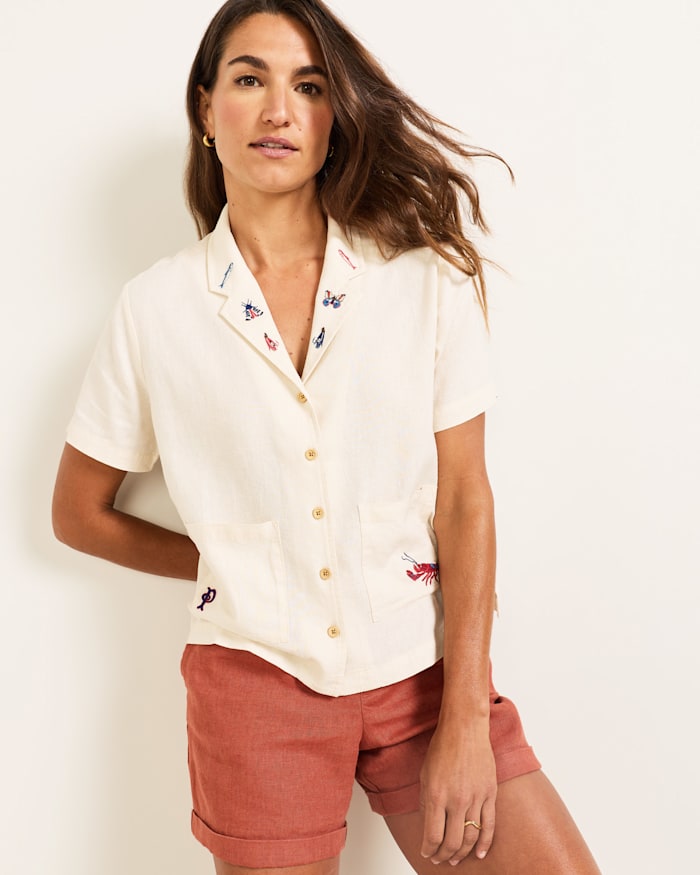 WOMEN'S SHORT-SLEEVE EMBROIDERED LINEN CAMP SHIRT